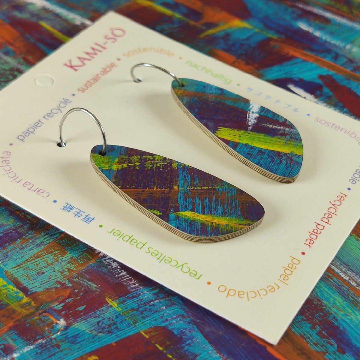 Oval Recycled Paper Earrings - Dark Blue, Red Yellow & Orange Brushstrokes