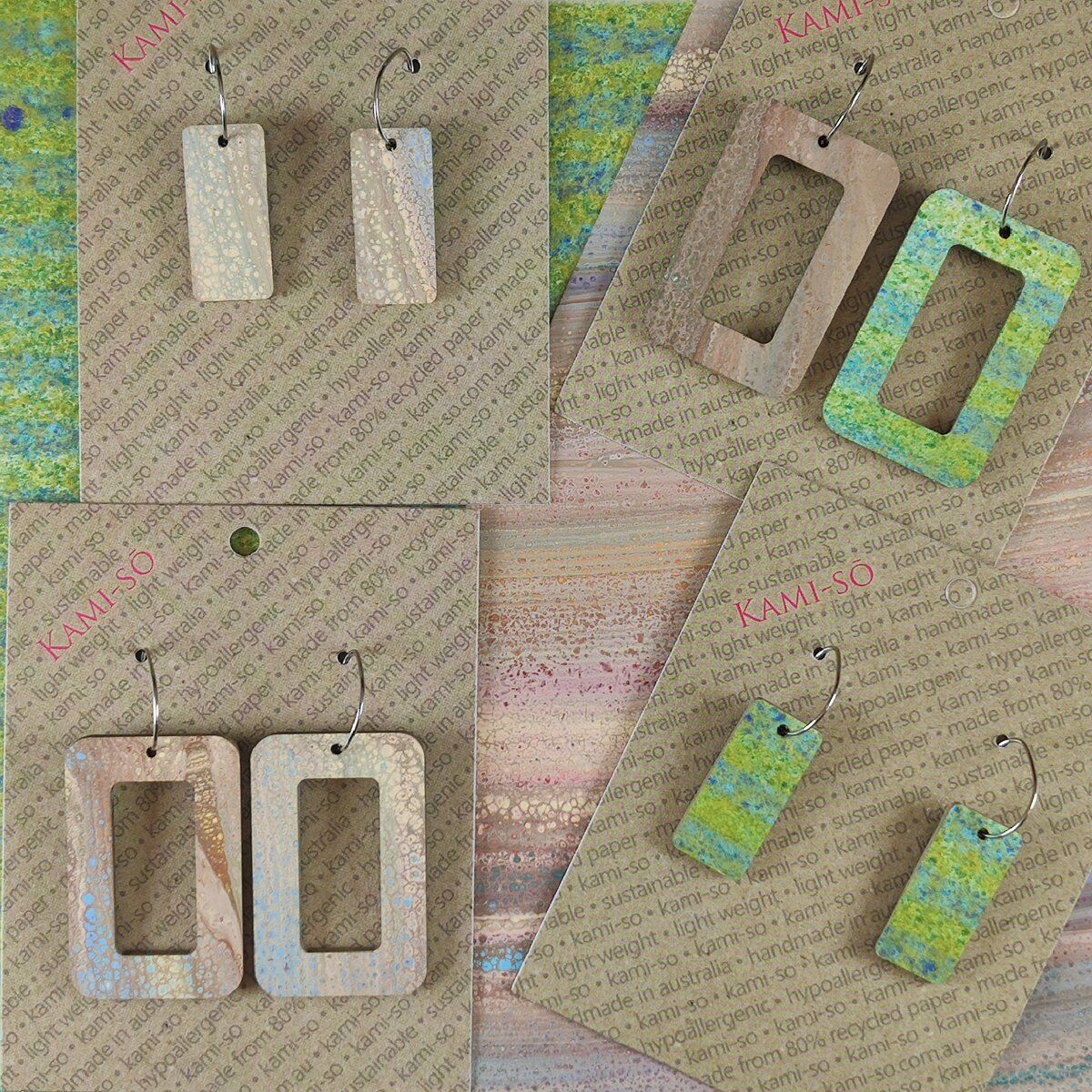 Reversible Rectangle Recycled Paper Earrings - Muted Slate Crackle / Blue Green Speckle