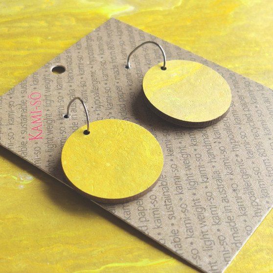 Reversible Circle Recycled Paper Earrings - Yellow / Brown