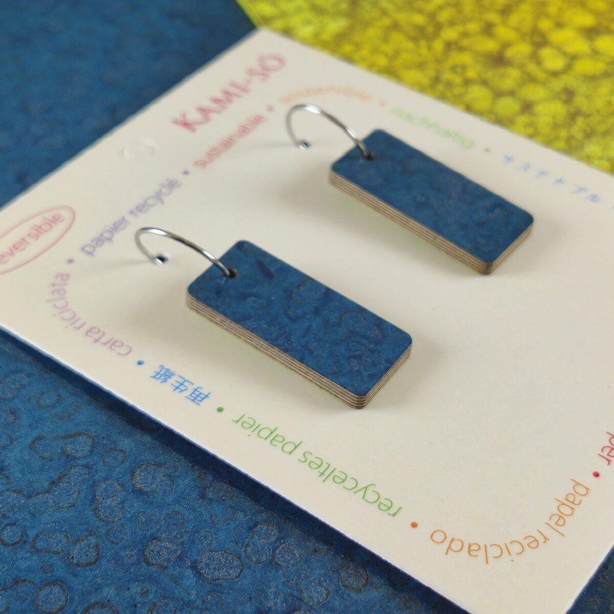 Reversible Rectangle Recycled Paper Earrings - Citrine Crackle / Dark Blue Crackle