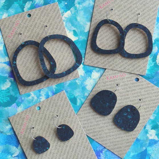 Square Recycled Paper Earrings - Dark Blue & Black