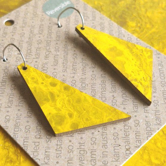 Reversible Triangle Recycled Paper Earrings - Brown / Mustard