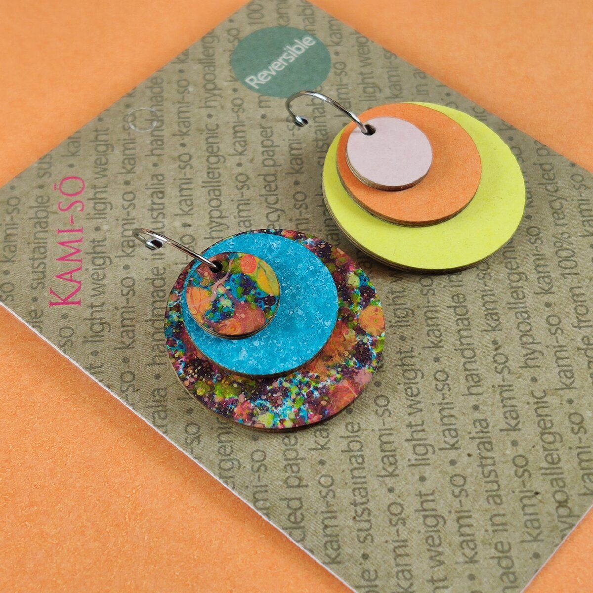 Reverse-A-Tile Expanding Circle Recycled Paper Earrings - Multicolour & Blue Speckle / Blush, Orange & Yellow