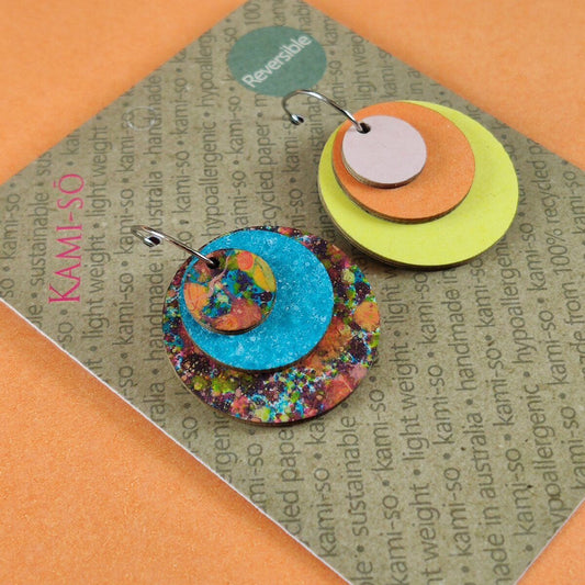 Reverse-A-Tile Expanding Circle Recycled Paper Earrings - Multicolour & Blue Speckle / Blush, Orange & Yellow