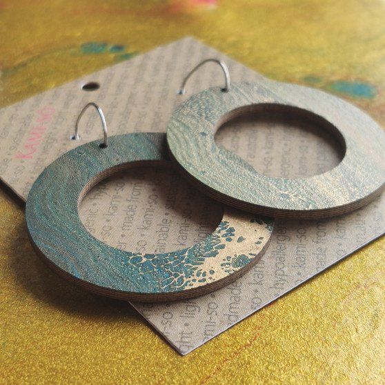 Reversible Circle Recycled Paper Earrings - Gold / Dark Green