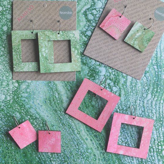 Reversible Square Recycled Paper Earrings - Pink / Green