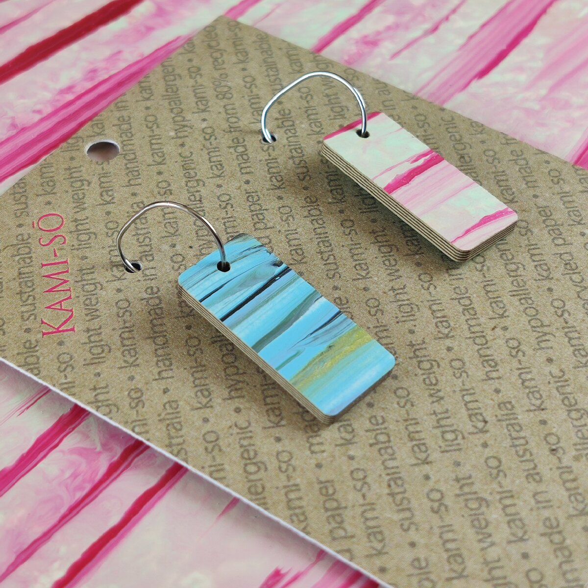 Reversible Rectangle Recycled Paper Earrings - Blue Swipe / Red Swipe