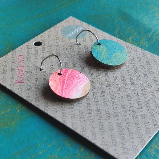 Reversible Circle Recycled Paper Earrings - Teal / Pink Multicolour