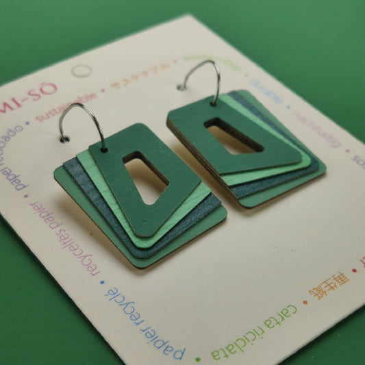 Rectangle Layered Recycled Paper Earrings - Green