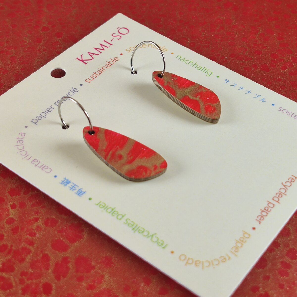 Oval Recycled Paper Earrings - Red & Gold Crackle