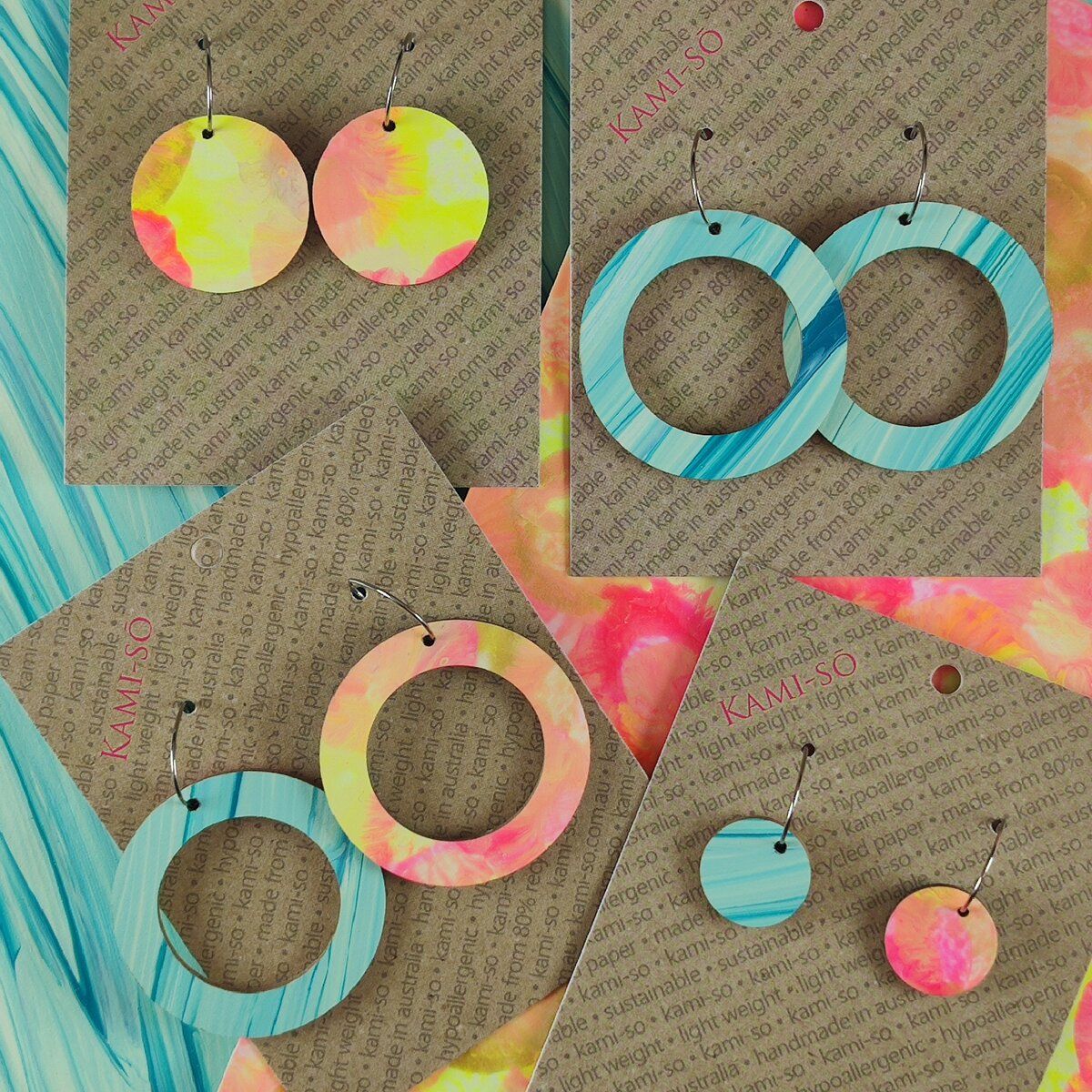 Reversible Circle Recycled Paper Earrings - Yellow & Pink Multicolour / Blue Stripes