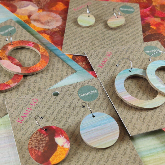 Reversible Circle Recycled Paper Earrings - Pastel Stripes / Autumn Colours