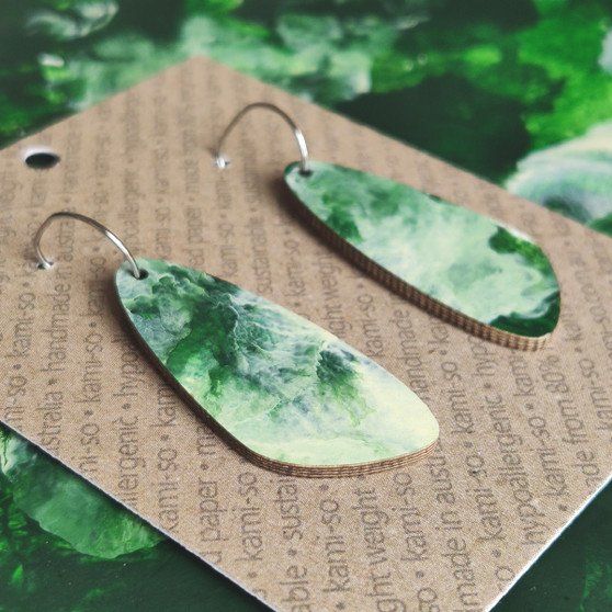 Oval Recycled Paper Earrings - Dark Green & White