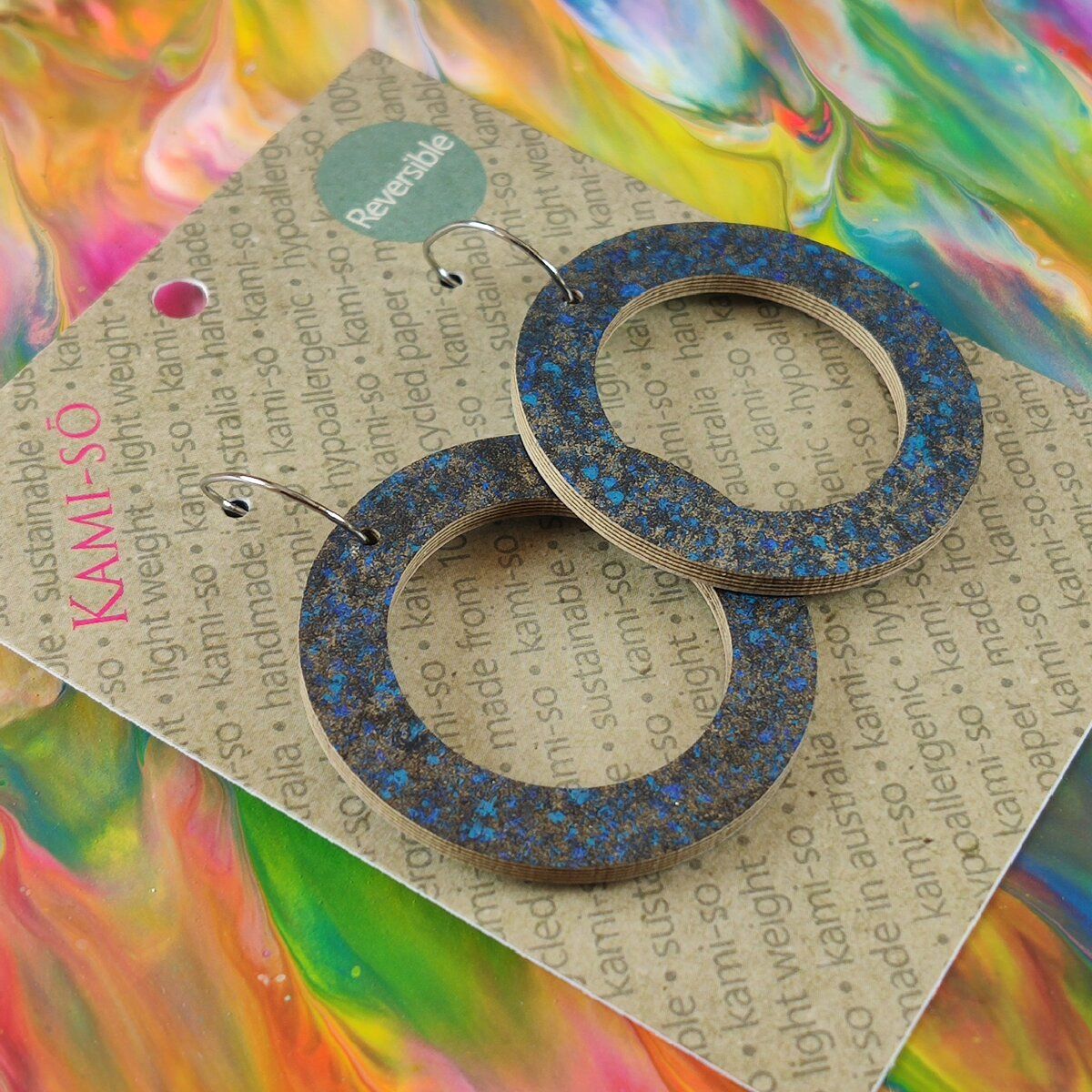 Reversible Circle Recycled Paper Earrings - Bright Multicolour / Dark Speckle