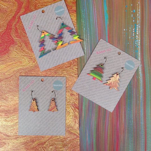 Reversible Christmas Tree Recycled Paper Earrings - Gold & Red / Multicolour Stripes