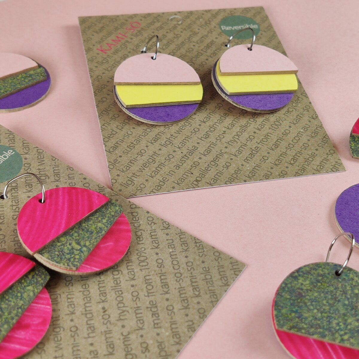 Reverse-A-Tile Fan Circle Recycled Paper Earrings - Pink & Dark Speckle / Blush, Yellow & Purple