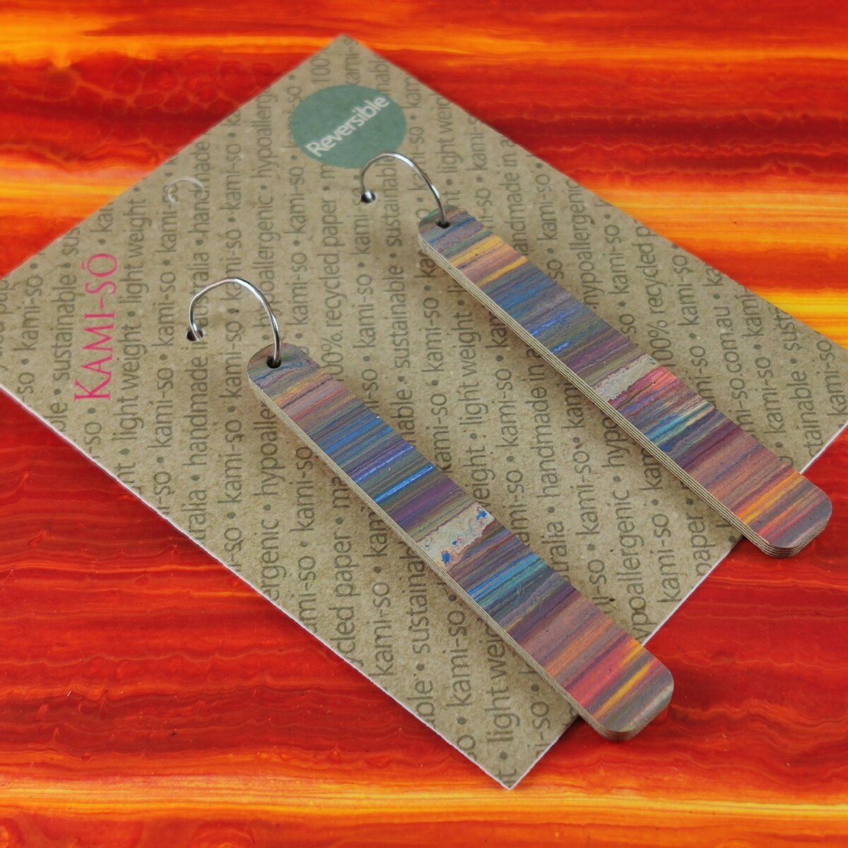 Reversible Paddle Recycled Paper Earrings - Multicolour Stripes / Fire Stripes