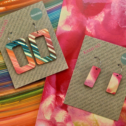 Reversible Rectangle Recycled Paper Earrings - Multicolour Swipe / Rose Gold