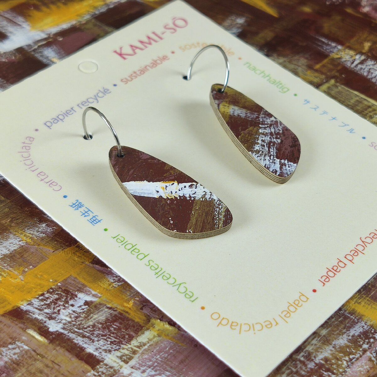 Oval Recycled Paper Earrings - Brown, White, Tan & Gold Brushstrokes