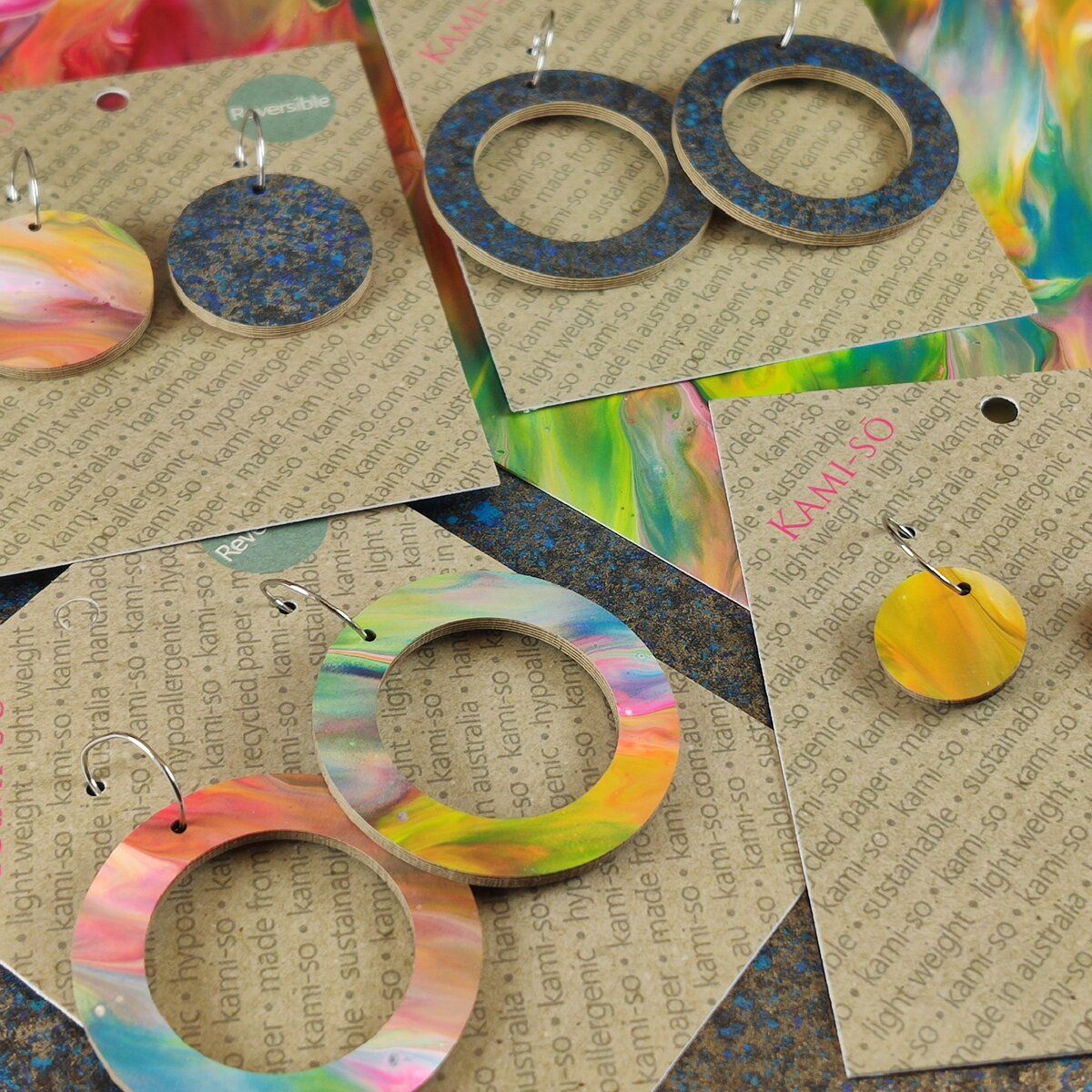 Reversible Circle Recycled Paper Earrings - Bright Multicolour / Dark Speckle