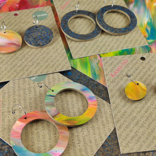 Reversible Circle Recycled Paper Earrings - Bright Multicolour / Dark Speckle