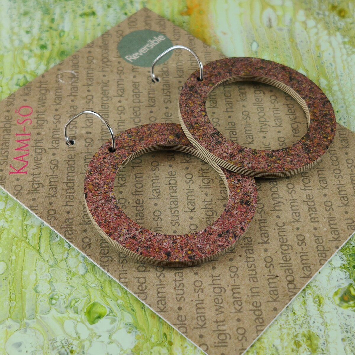 Reversible Circle Recycled Paper Earrings - Mint & Gold / Dark Brown Speckle