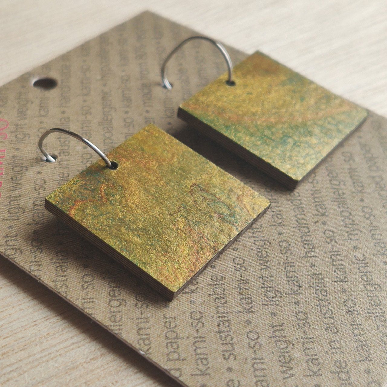 Reversible Square Recycled Paper Earrings - Gold / Purple