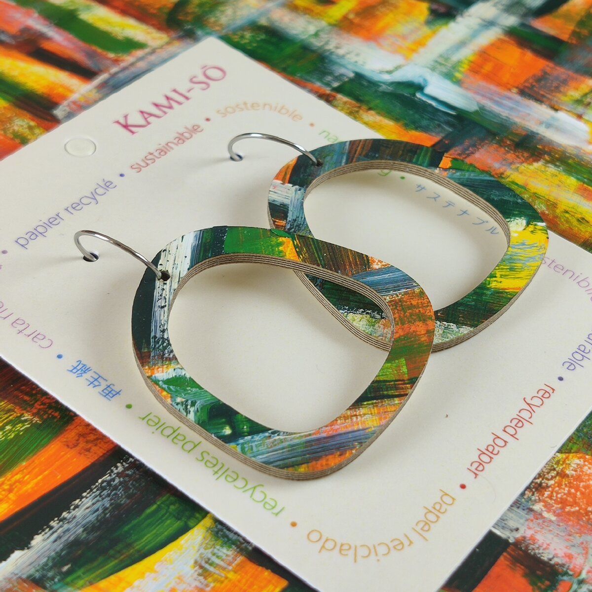 Square Recycled Paper Earrings - Orange, Yellow, Green & White Brushstrokes