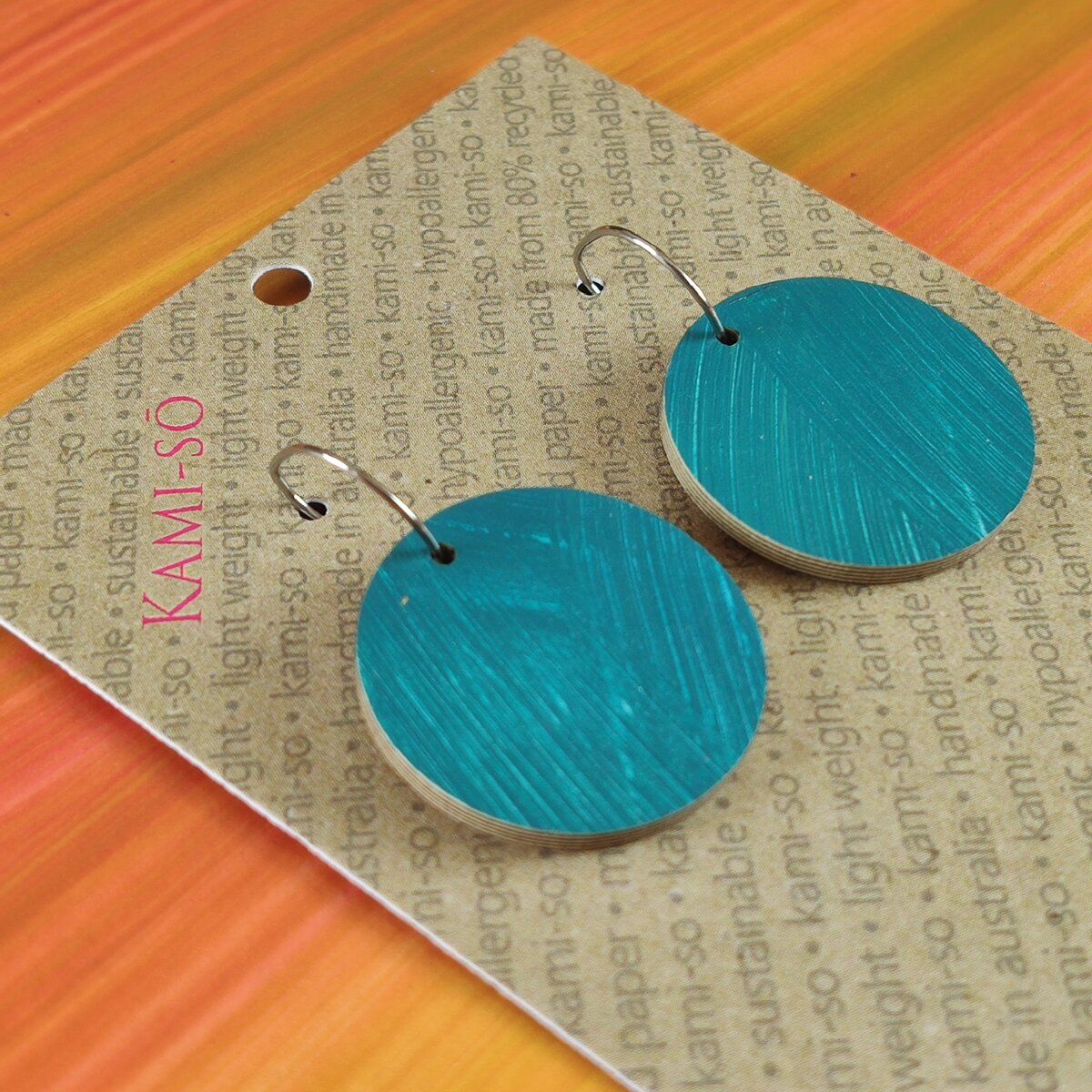 Reversible Circle Recycled Paper Earrings - Blue Green Swipe / Orange Stripes