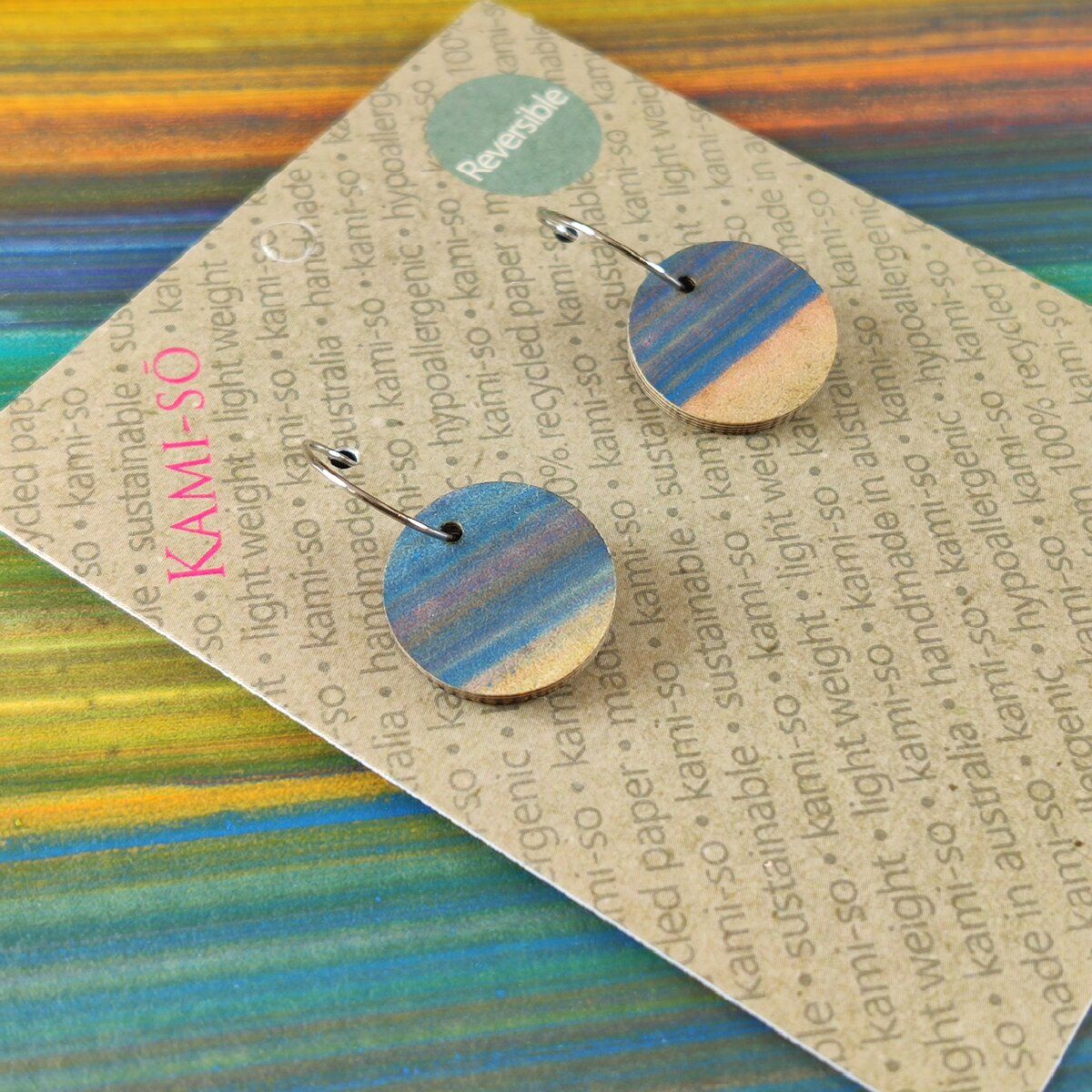 Reversible Circle Recycled Paper Earrings - Plum, Grey & Blue / Multicolour Stripes