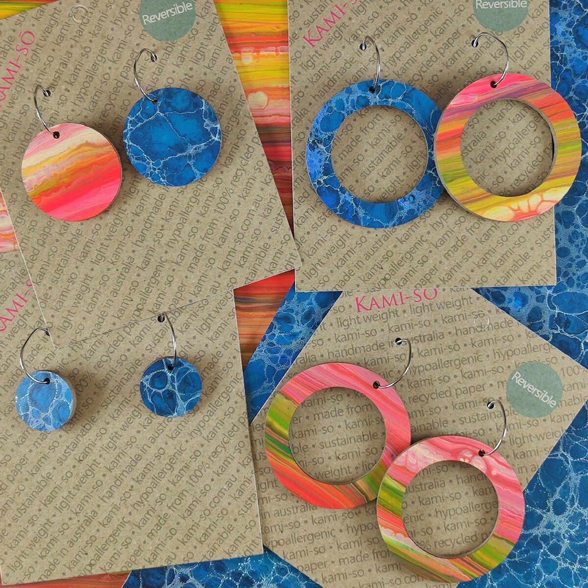 Reversible Circle Recycled Paper Earrings - Orange Multicolour Stripes / Blue Crackle