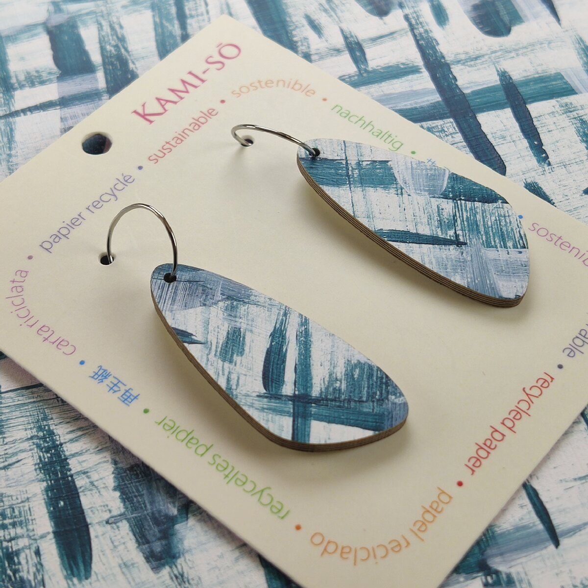 Oval Recycled Paper Earrings - Blue & White
