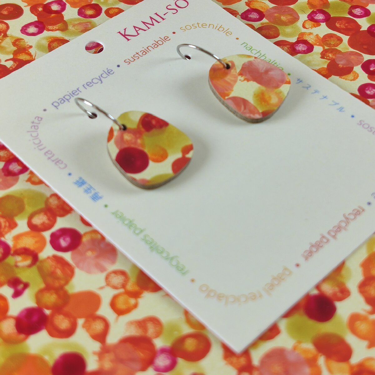 Mini Recycled Paper Earrings - Yellow, Orange, Red & Gold Dots