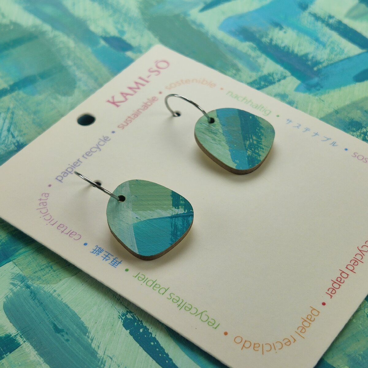Square Recycled Paper Earrings - Green & Blue
