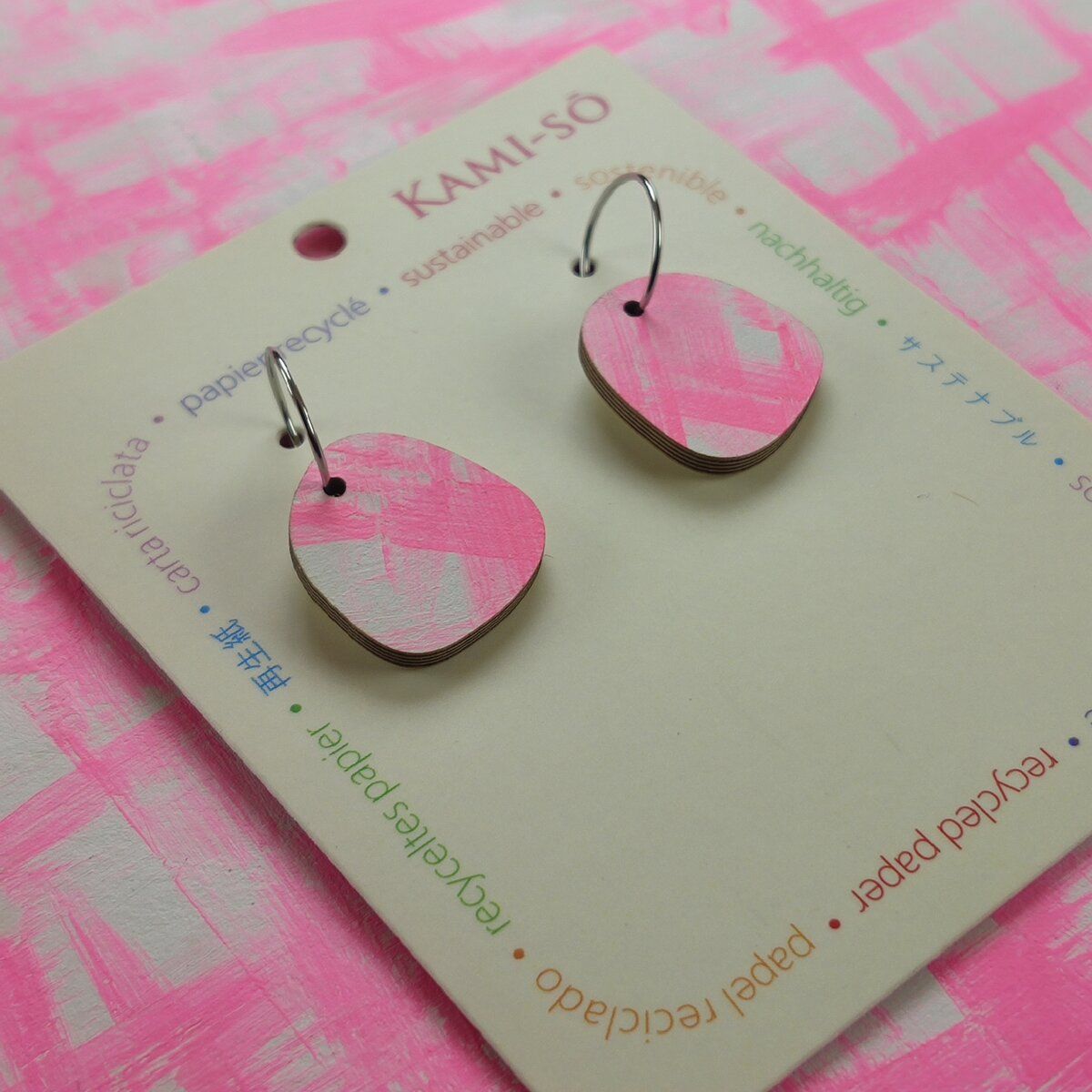 Square Recycled Paper Earrings - Pink & White