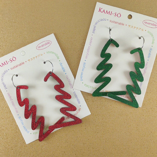 Reversible Christmas Tree Recycled Paper Earrings - Green Sparkle / Red Sparkle