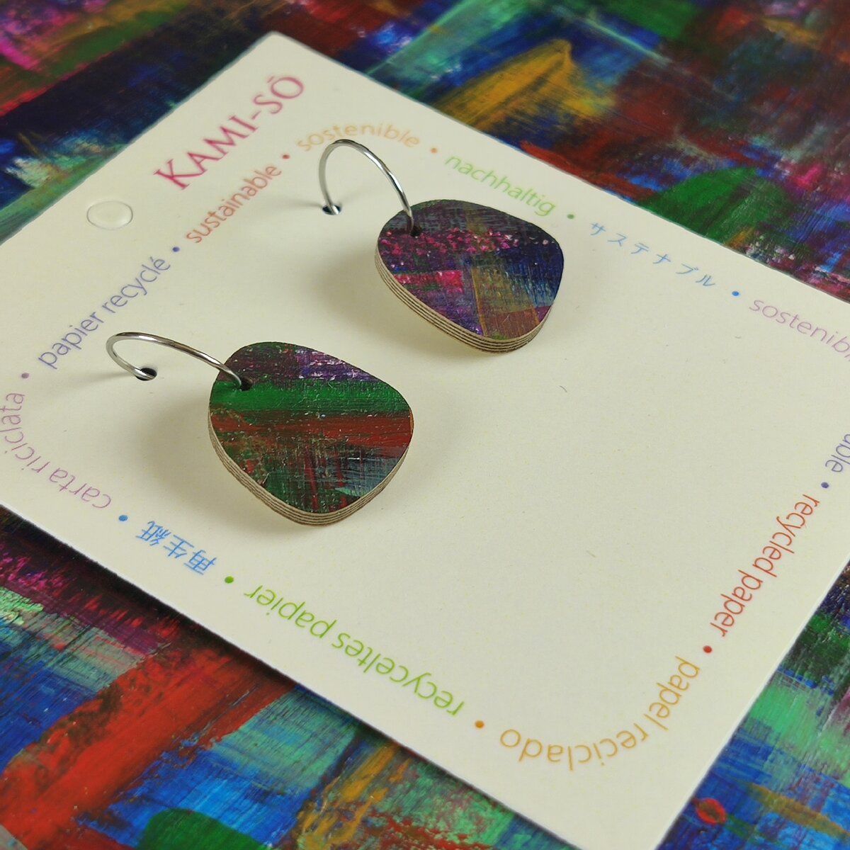 Square Recycled Paper Earrings - Dark Multicolour Brushstrokes