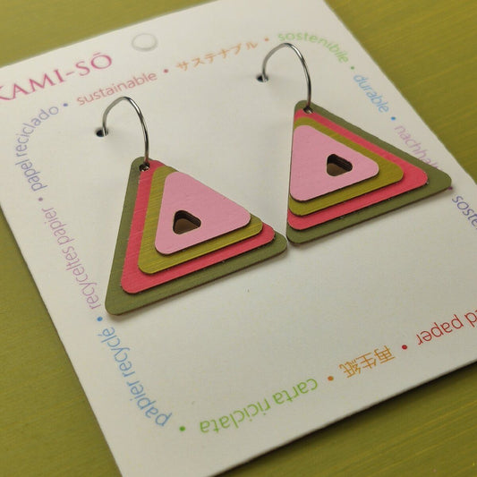 Triangle Layered Recycled Paper Earrings - Pink & Olive