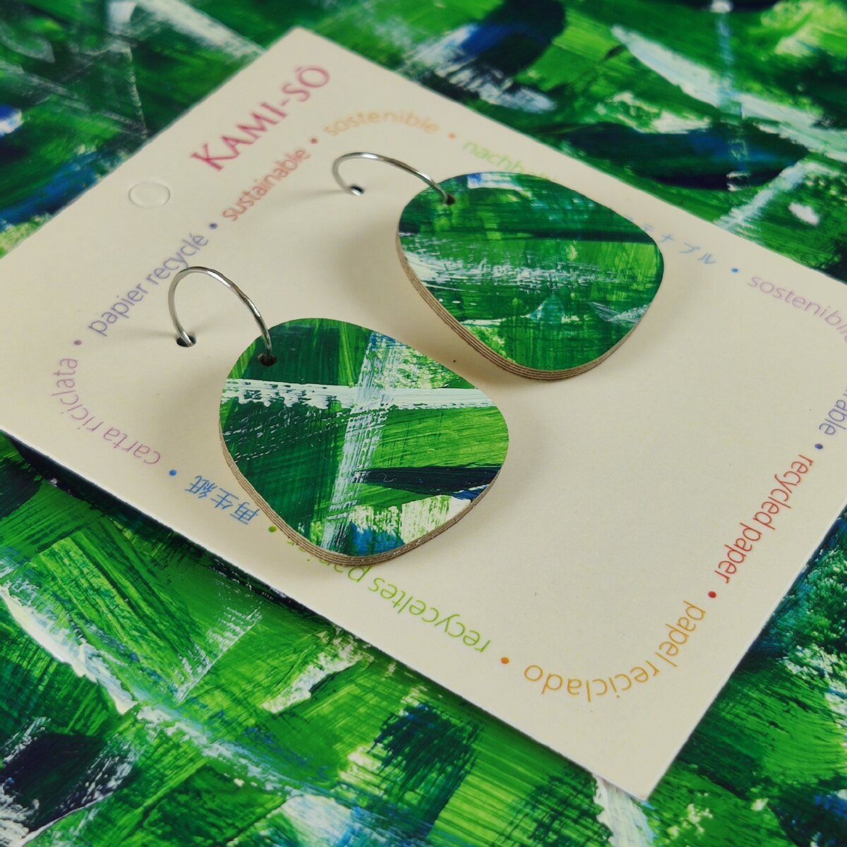 Square Recycled Paper Earrings - Green, Blue & White Brushstrokes