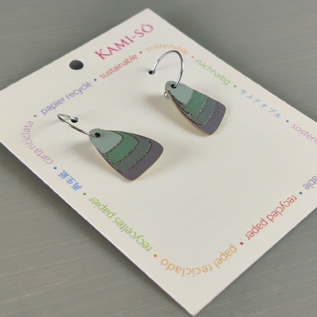 Triangle Layered Recycled Paper Earrings - Green & Grey