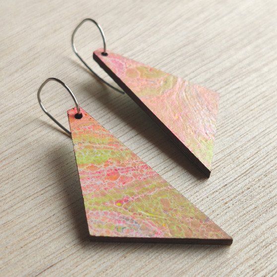 Reversible Triangle Recycled Paper Earrings - Green / Coral