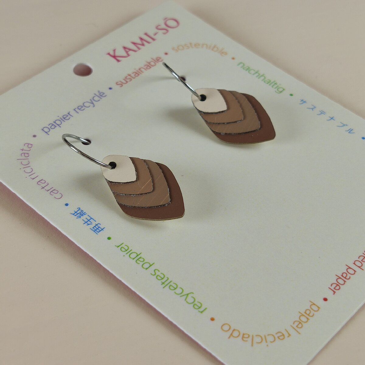 Diamond Layered Recycled Paper Earrings - Beige & Brown