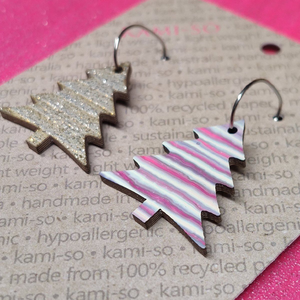 Reversible Christmas Tree Recycled Paper Earrings - Pink & White Stripes / Silver Sparkle