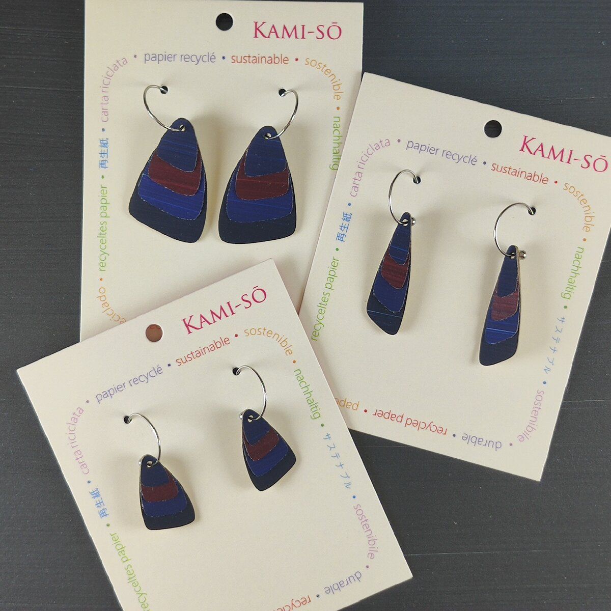 Triangle Layered Recycled Paper Earrings - Navy & Burgundy