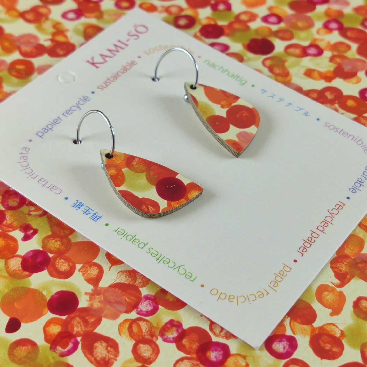 Mini Recycled Paper Earrings - Yellow, Orange, Red & Gold Dots