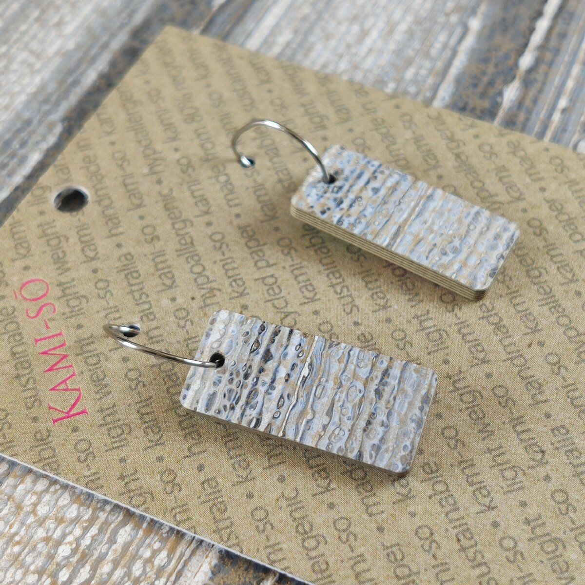 Reversible Rectangle Recycled Paper Earrings - Multicolour Stripe / Grey & Gold