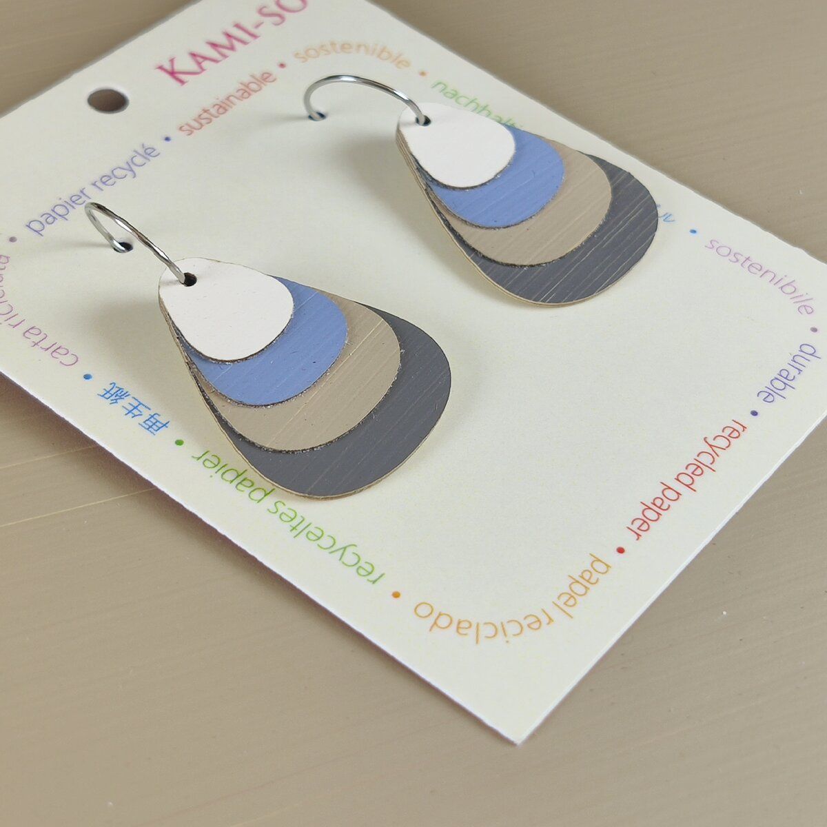 Teardrop Layered Recycled Paper Earrings - Cream, Blue & Grey