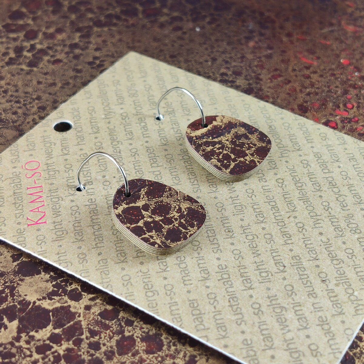 Square Recycled Paper Earrings - Burgundy & Gold Crackle