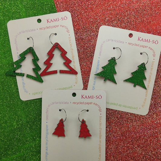 Reversible Christmas Tree Recycled Paper Earrings - Red Sparkle / Green Sparkle