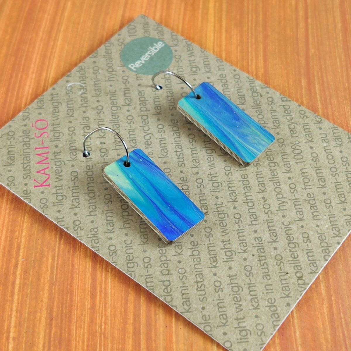 Reversible Rectangle Recycled Paper Earrings - Ocean Blue / Burnt Orange